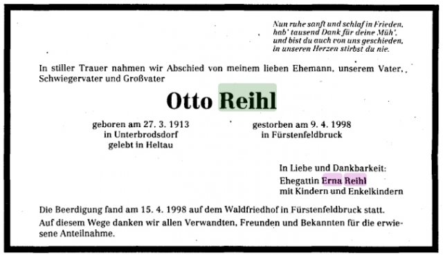 Reihl Otto 1913-1998 Todesanzeige